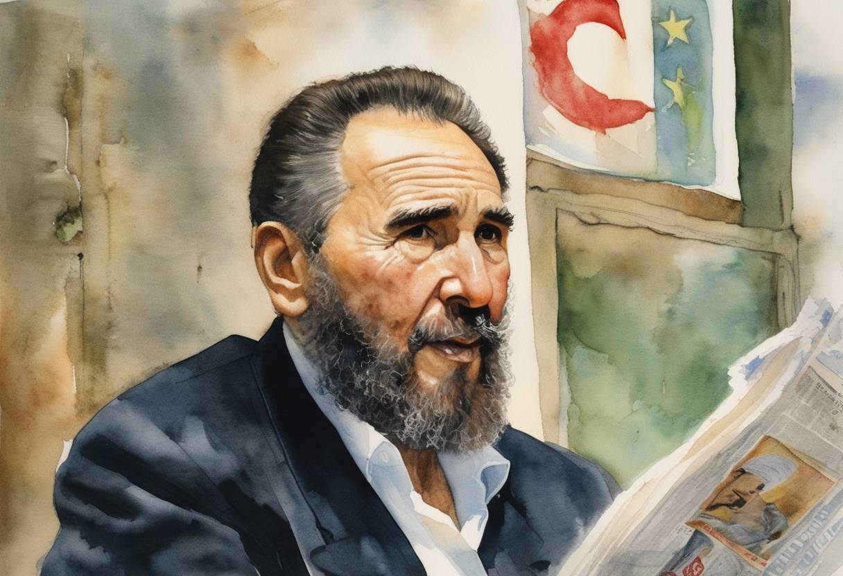 Watercolor painting based depiction of Cuban President Fidel Castro relaunches the youth communist newspaper 'Juventud Rebelde', calling for a new era in Cuban journalism. (2005)