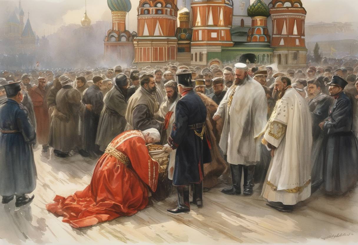 Watercolor painting based depiction of The Khodynka Tragedy papacy, involving the death of a number of people due to a stampede during celebrations for the coronation of Tsar Nicholas II. (1896)