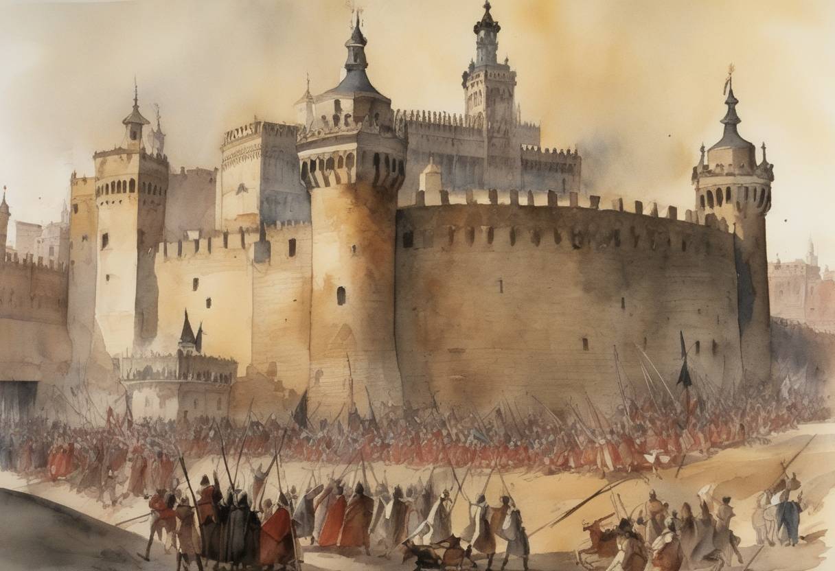 Watercolor painting based depiction of The anti-Jewish pogroms known as the Massacre of 1391 begin in Seville, spreading across Spain. (1391)