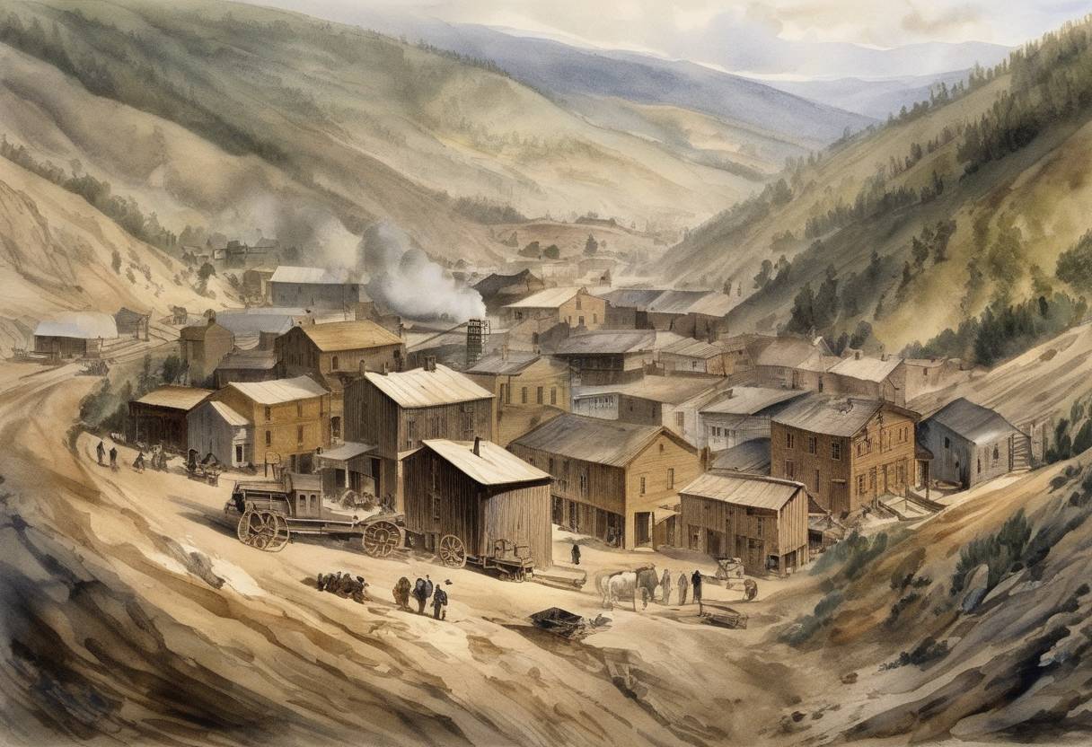 Watercolor painting based depiction of The Comstock Lode, the first major U.S. discovery of silver ore, was discovered by Henry Comstock in Nevada. (1859)