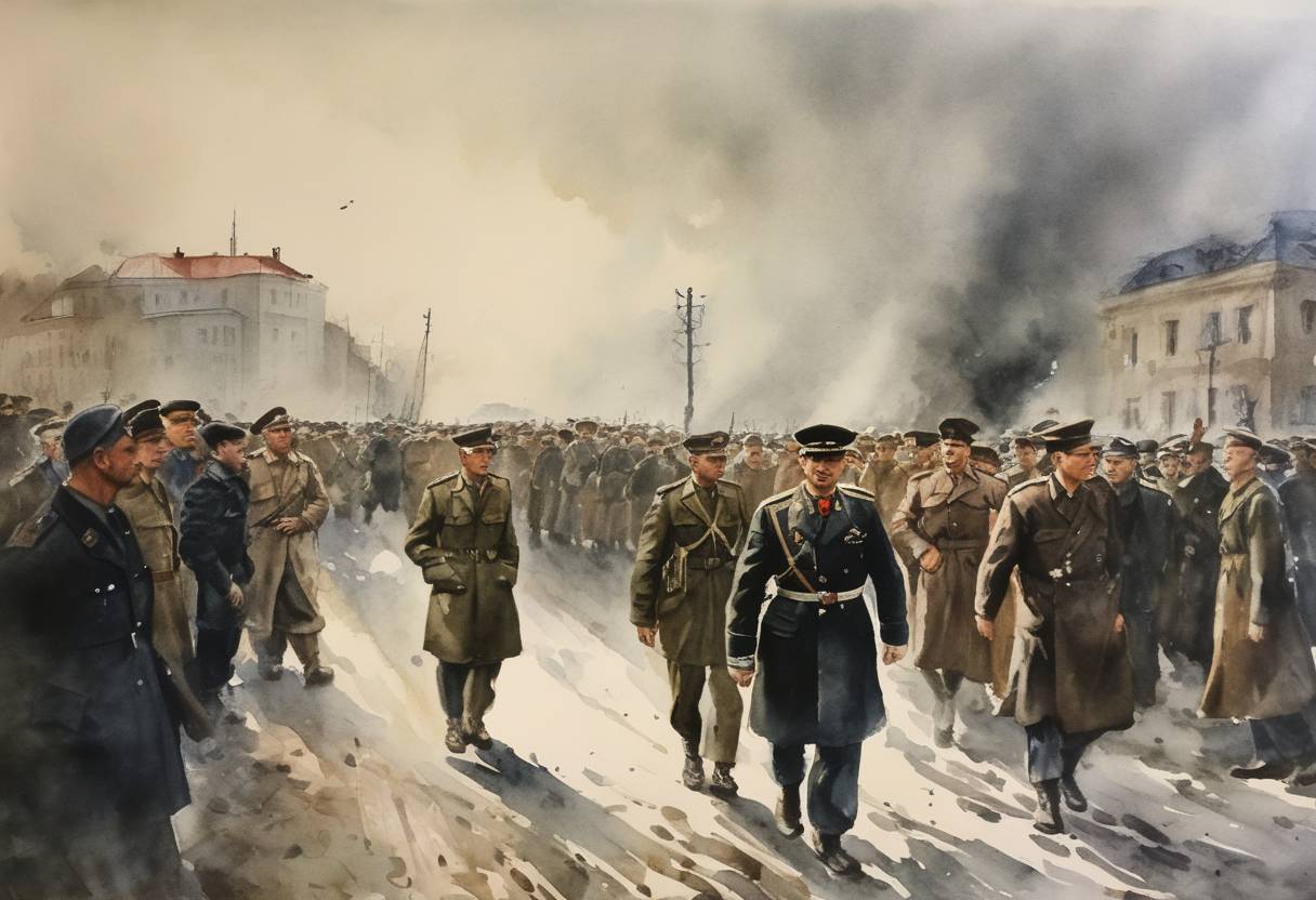 Watercolor painting based depiction of Yugoslav forces surrendered to Germany, marking the end of the Axis invasion of Yugoslavia during World War II. (1941)