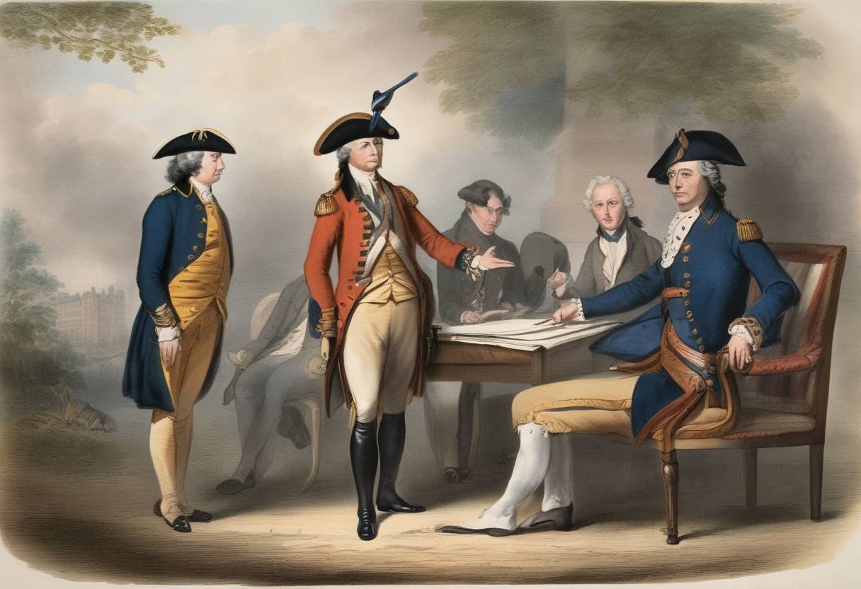 Watercolor painting based depiction of The Jay Treaty is signed between the United States and Great Britain, intending to resolve lingering issues from the American Revolutionary War and to facilitate ten years of peaceful trade between the United States and Britain. (1794)