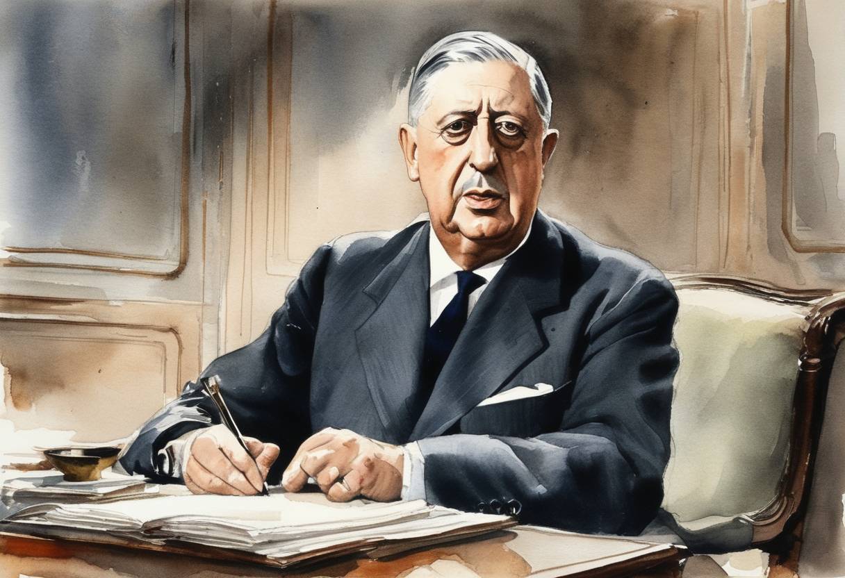 Watercolor painting based depiction of Charles de Gaulle became the Prime Minister of France. (1958)