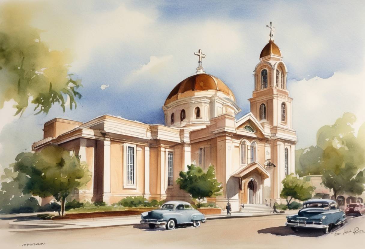 Watercolor painting based depiction of The first Church of Scientology is established in Los Angeles, California, by L. Ron Hubbard. (1954)