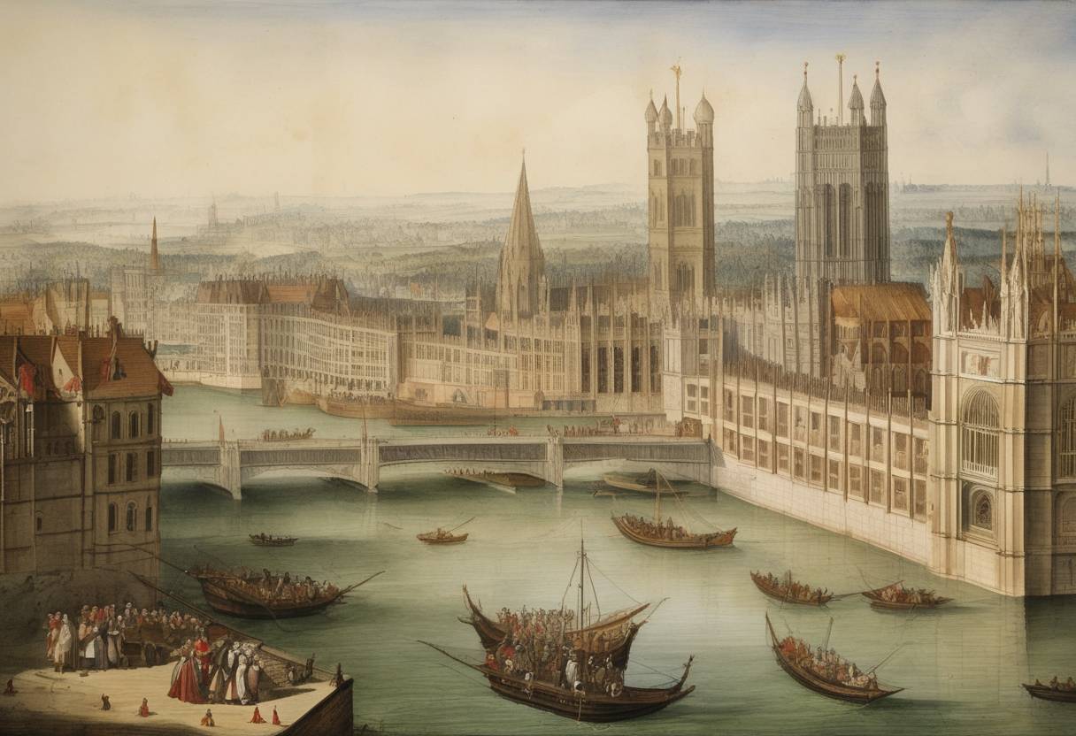 Watercolor painting based depiction of The authority of the Pope was declared void in England as part of King Henry VIII's break with the Roman Catholic Church. (1536)