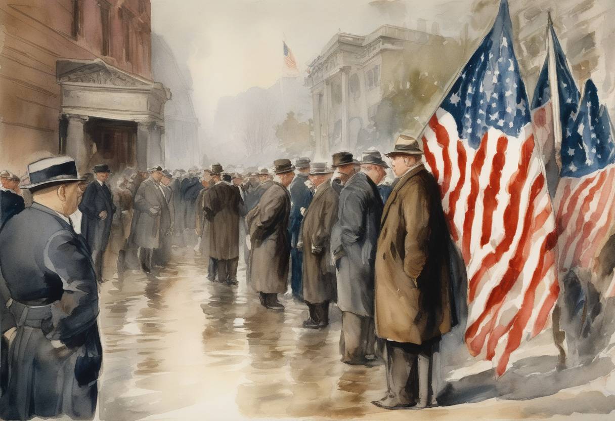 Watercolor painting based depiction of After a banking crisis triggers fears of a financial collapse, a moratorium on reparations is declared by US President Herbert Hoover, temporarily suspending debt payments from World War I. (1931)