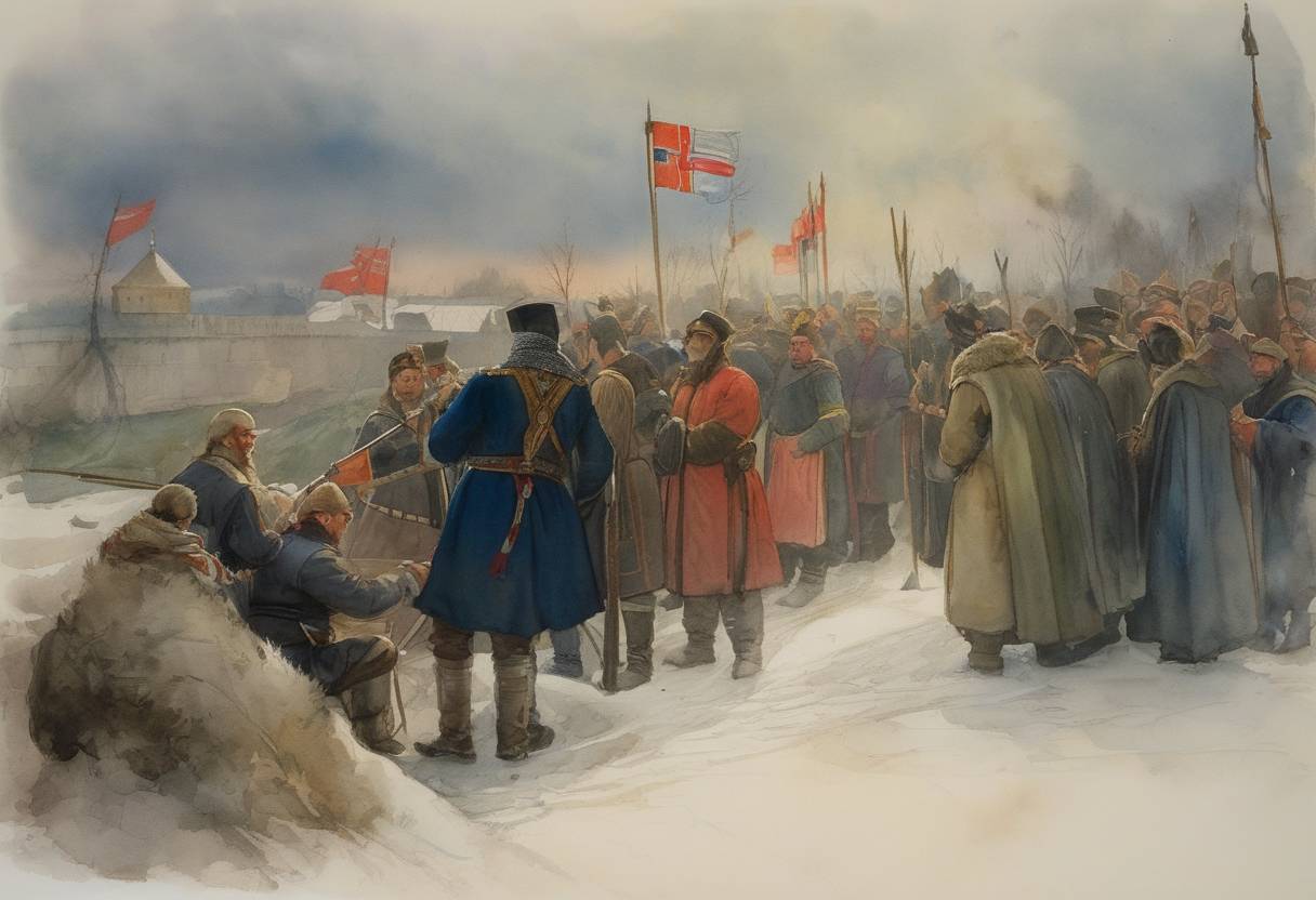 Watercolor painting based depiction of Treaty of Novgorod signed, establishing land boundaries between Norway and the Republic of Novgorod. (1326)