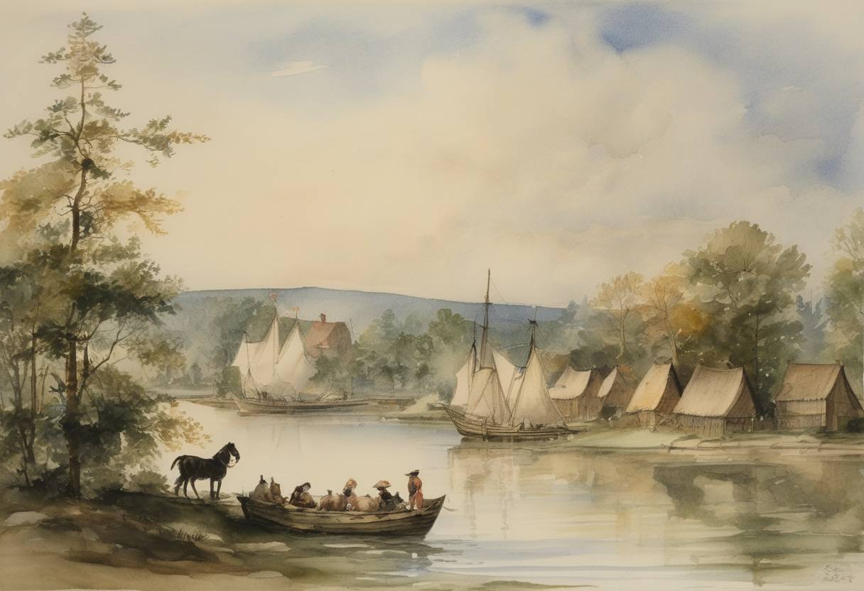 Watercolor painting based depiction of Swedish settlers established the first European settlement in Delaware, New Sweden, marking the start of Swedish influence in the New World. (1638)