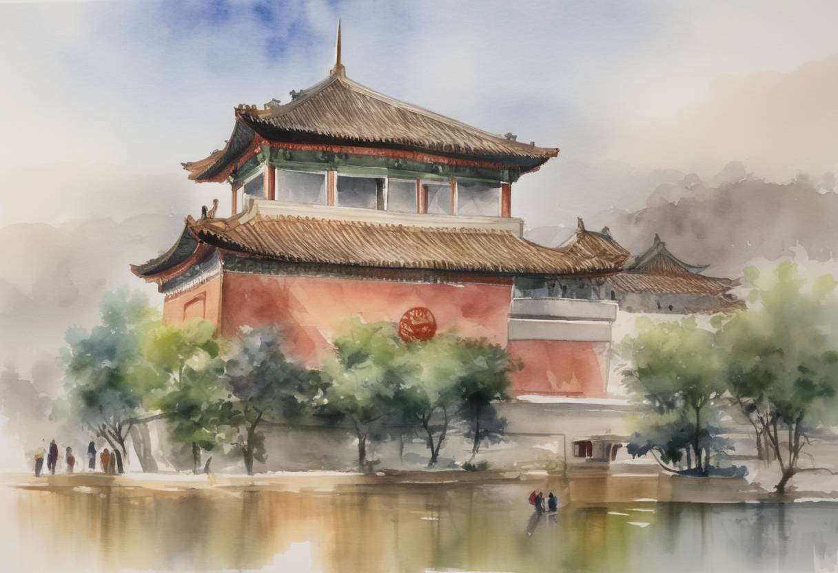 Watercolor painting based depiction of Chinese authorities closed multiple consulates of Western nations in northeastern China, citing a need to strengthen control over diplomatic facilities in response to perceived threats to national security. (2023)
