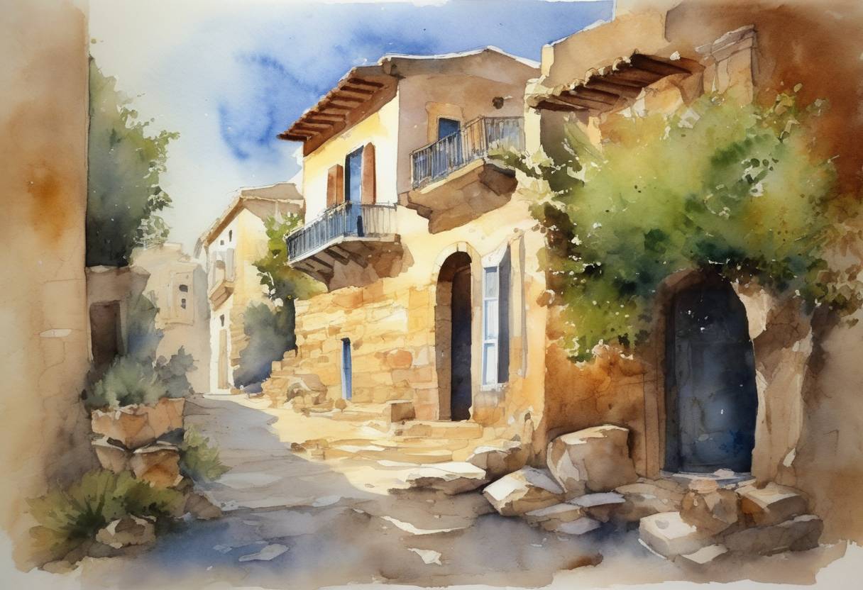 Watercolor painting based depiction of A major earthquake struck the eastern Mediterranean region, causing significant damage throughout Greece, the Peloponnese, and Crete. (1374)