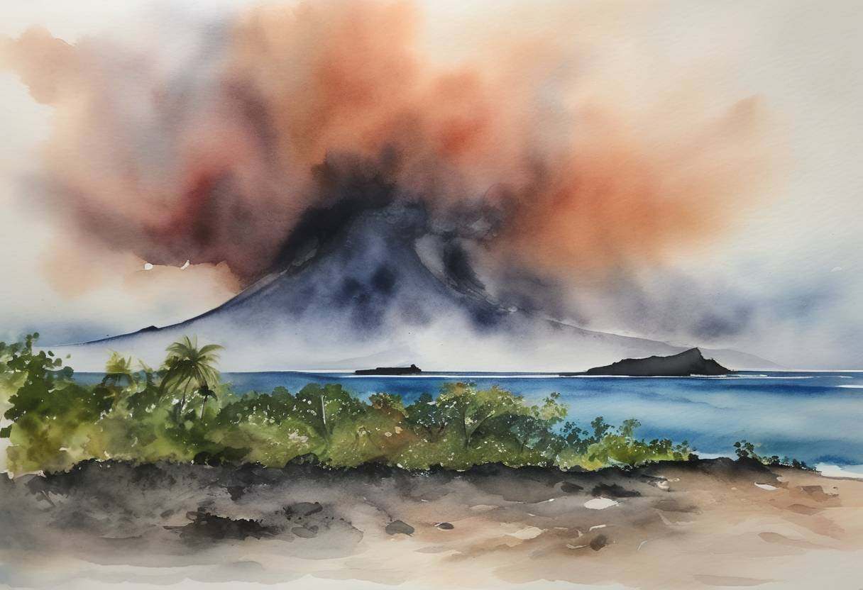 Watercolor painting based depiction of The volcanic eruption in Tonga, triggered by the Hunga Tonga-Hunga Ha'apai undersea volcano, caused significant disruptions. Further assessments revealed widespread damage on nearby islands with tsunami waves reaching the coastline. (2022)