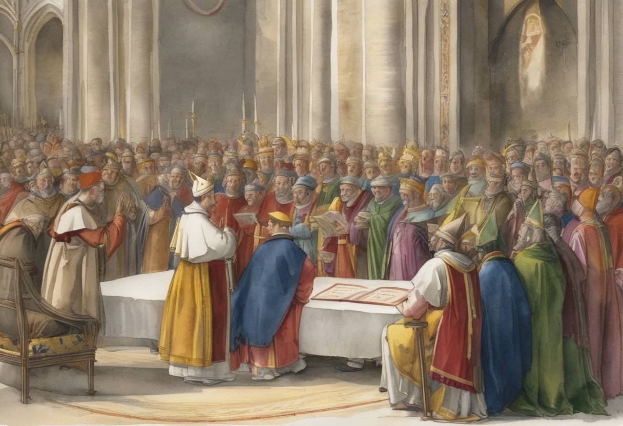 Watercolor painting based depiction of Pope Clement VI issued the papal bull Unigenitus, which intended to clarify the teaching on indulgences and was a significant step in the theological controversies surrounding the Church during the 14th century. (1343)