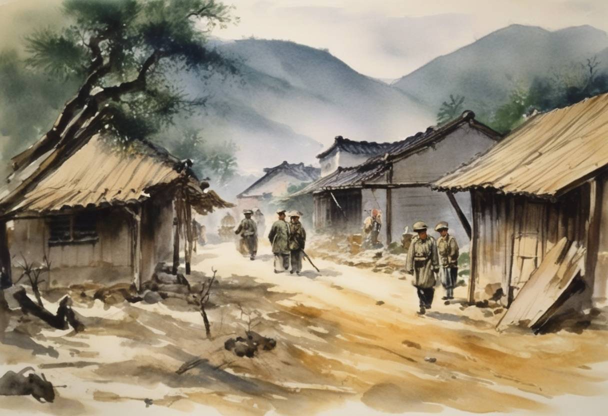 Watercolor painting based depiction of The Japanese army used chemical weapons against the Chinese near Chinghsien during the Second Sino-Japanese War, marking one of several instances of chemical warfare during this conflict. (1938)