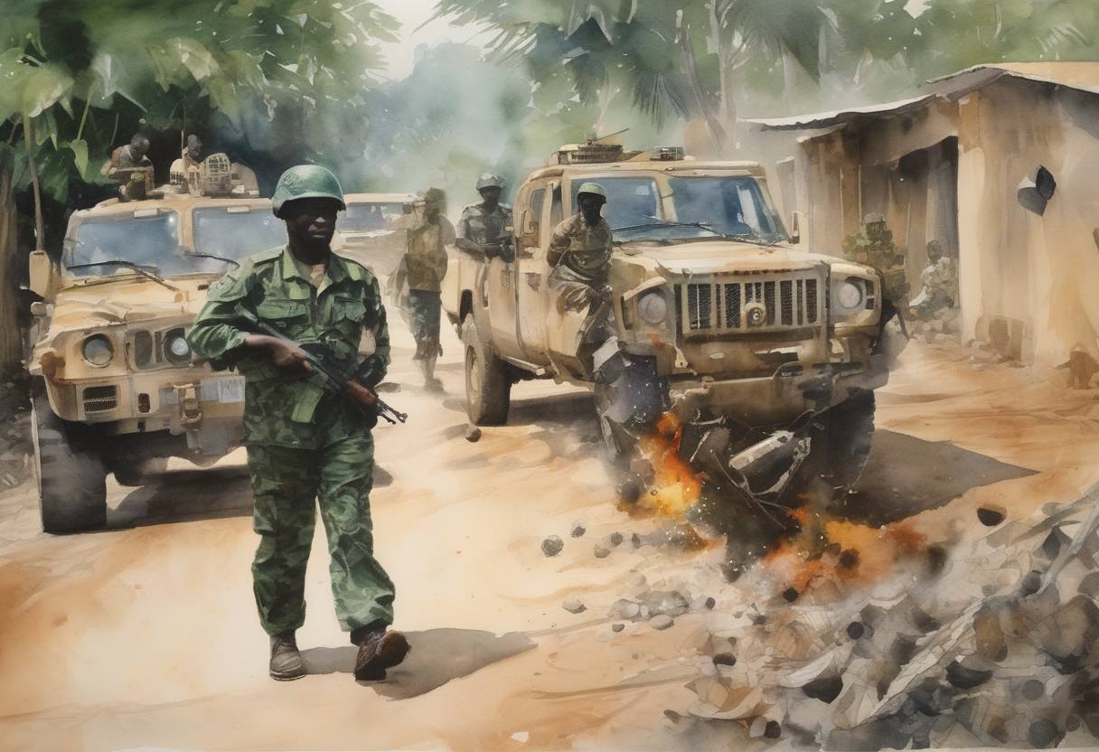 Watercolor painting based depiction of The United Nations authorized airstrikes against forces loyal to Ivorian President Laurent Gbagbo, who refused to concede defeat in the presidential elections. (2011)