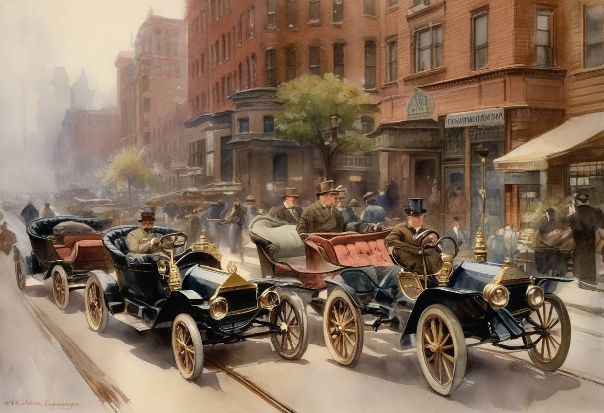 Watercolor painting based depiction of The American Automobile Association (AAA) is established in Chicago, Illinois, to advocate for improved roads and funding for transportation infrastructure, as automobile use was becoming more widespread in the United States. (1902)
