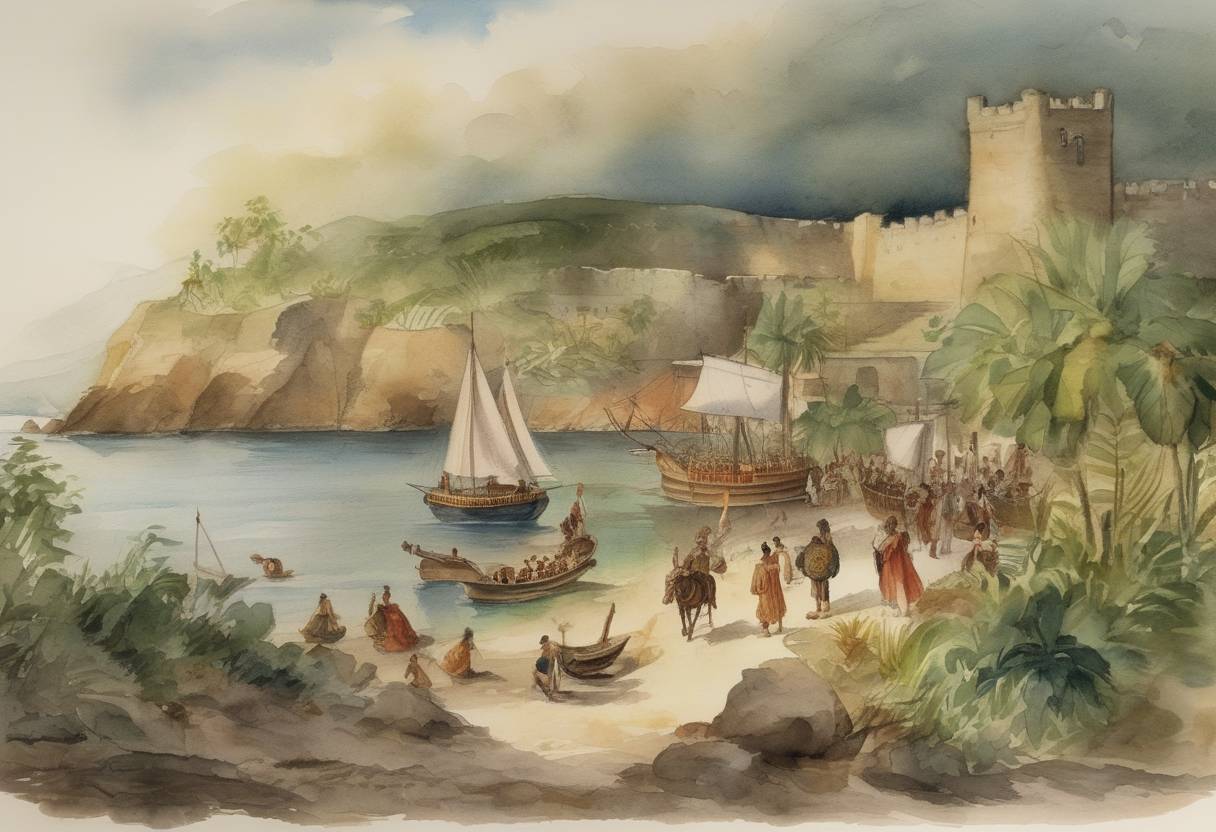 Watercolor painting based depiction of Christopher Columbus arrives at the island of Borikén, today known as Puerto Rico, during his second voyage to the Americas. This event marked the European encounter with Puerto Rico, which would later become a Spanish colony. (1493)