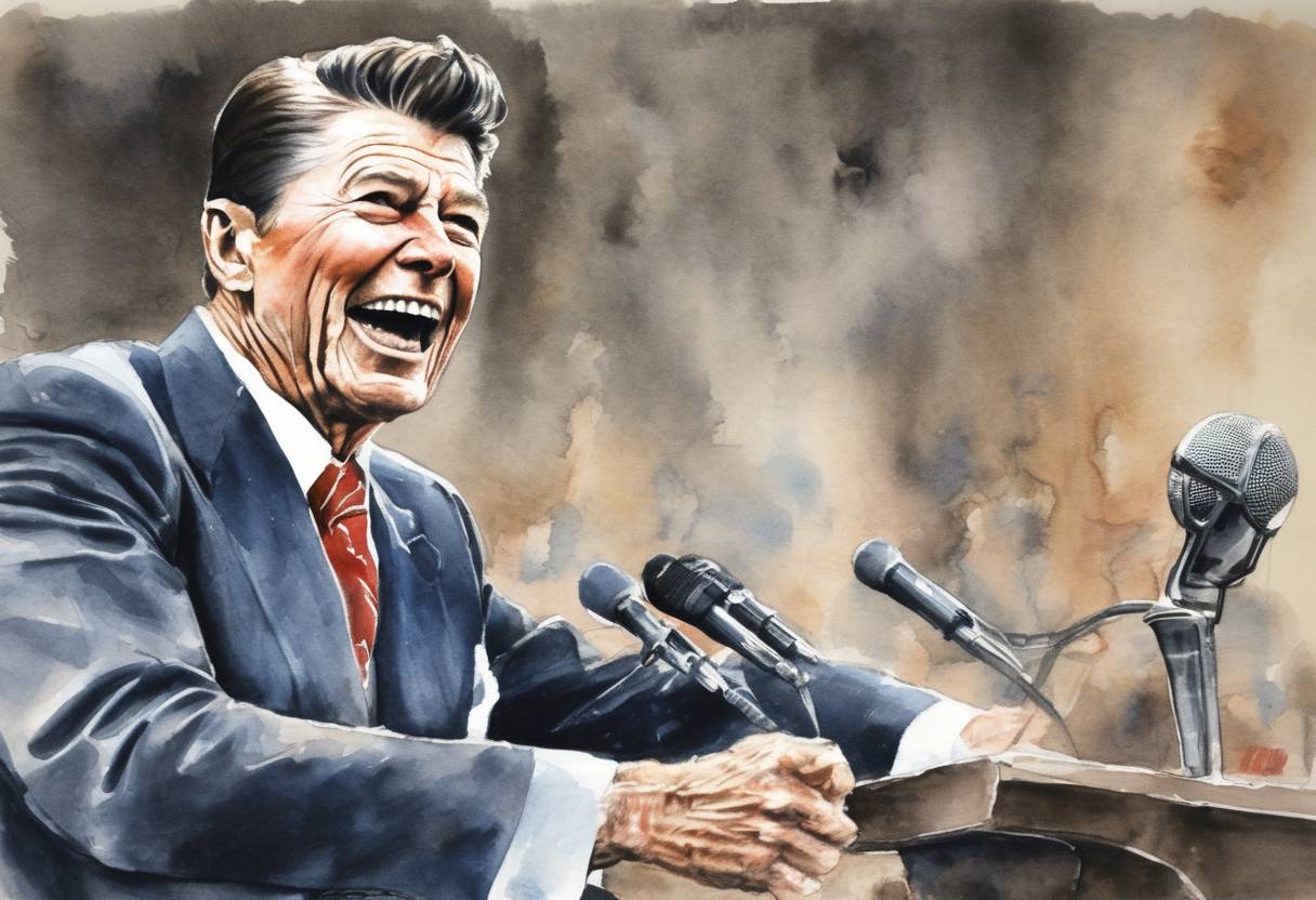 Watercolor painting based depiction of United States President Ronald Reagan jokes about bombing Russia during a microphone sound check, causing a minor international incident. (1984)