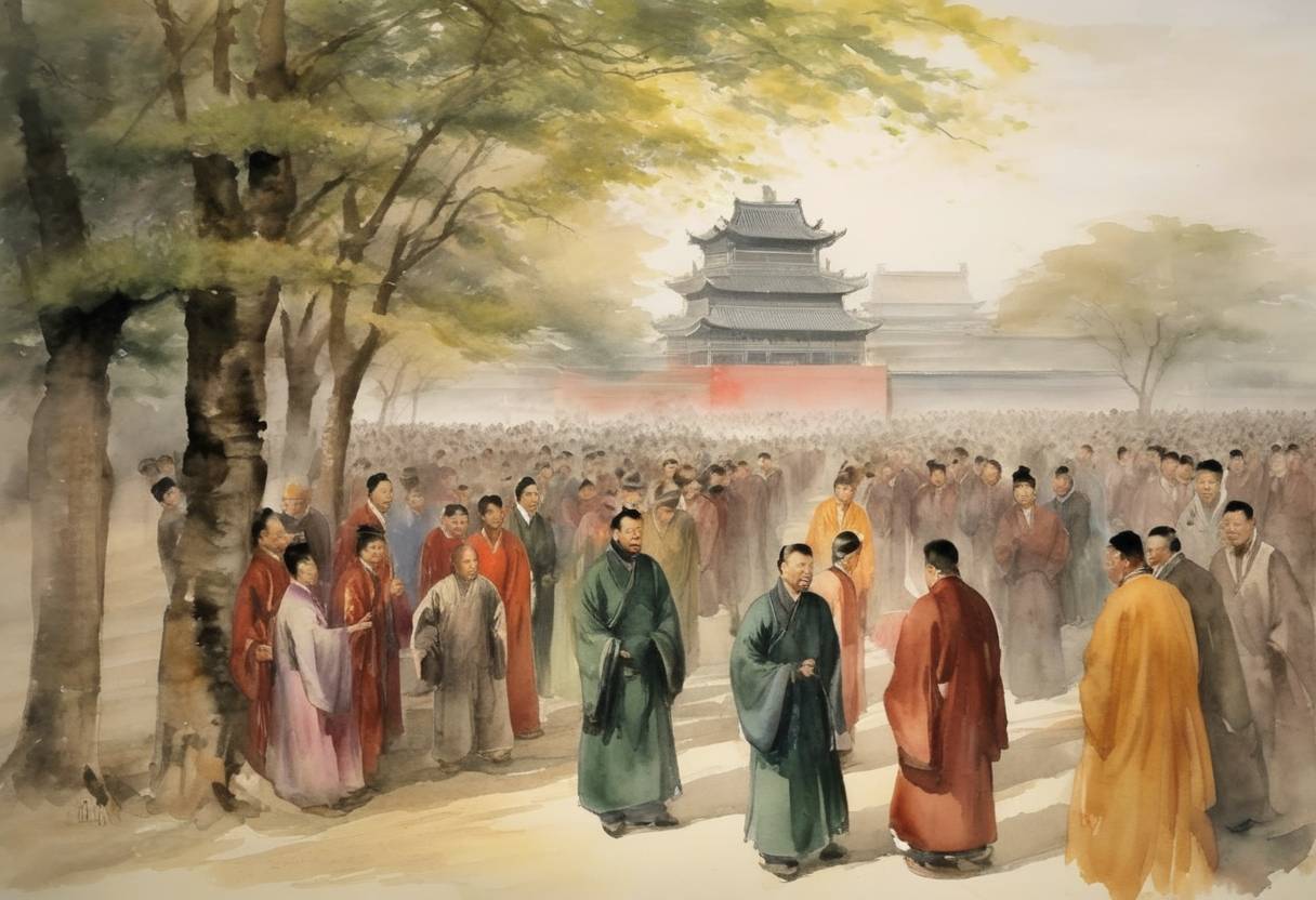Watercolor painting based depiction of The Liang dynasty in China formally concludes with the abdication of its last emperor, Zhu Youzhen, leading to the consolidation of the Later Zhou dynasty. (947)