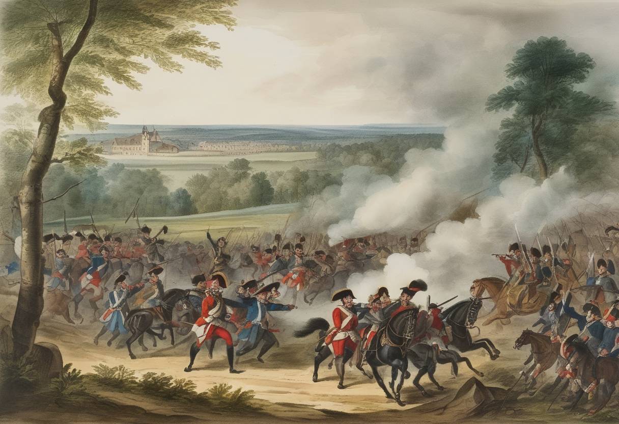 Watercolor painting based depiction of The Battle of Leutershausen took place during the Seven Years' War as an encounter between French forces under the command of Maurille Joseph La Tour Maubourg and the Prussian army led by Prince Ferdinand of Brunswick. (1760)
