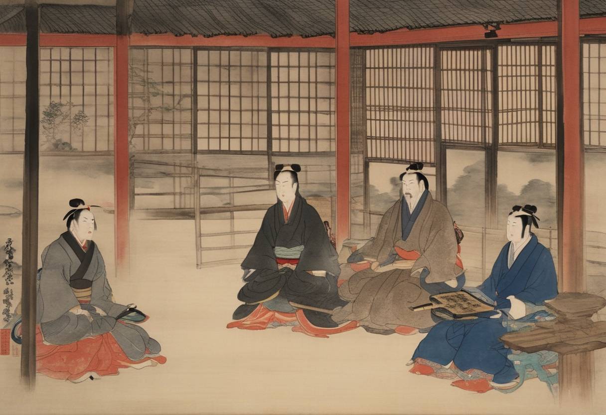 Watercolor painting based depiction of The Sakoku Edict was put in effect under Tokugawa Ieyasu, restricting foreign trade in Japan. (1600)