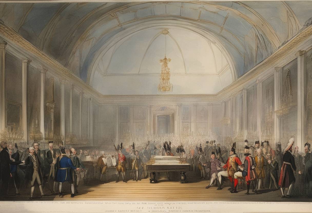 Watercolor painting based depiction of The Quebec Act is passed by the British Parliament, establishing procedures of governance in the Province of Quebec. (1774)