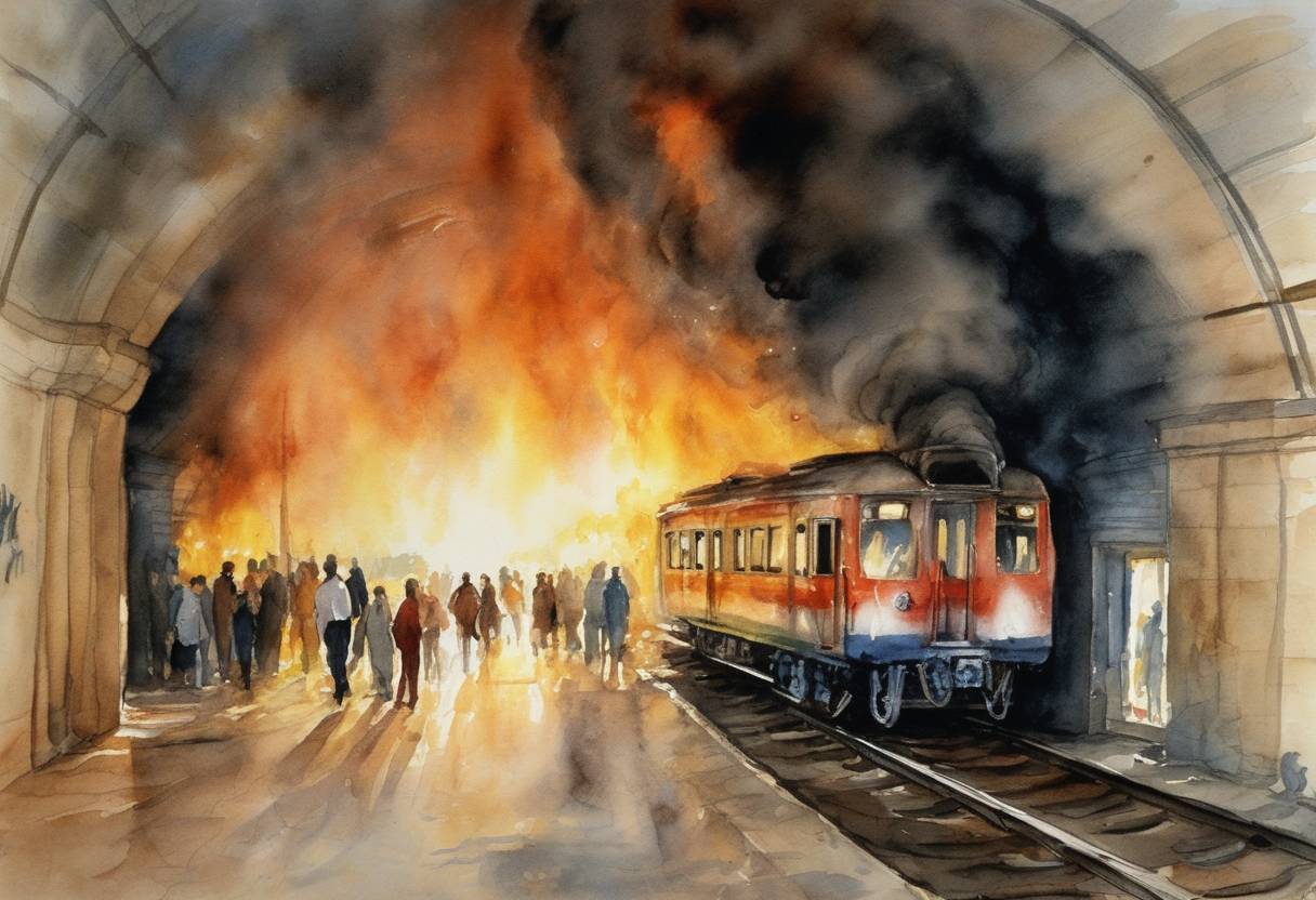 Watercolor painting based depiction of Fire breaks out in a subway train in Baku, Azerbaijan, one of the deadliest fires in the history of metro systems, killing 289 people and injuring over 270. (1995)