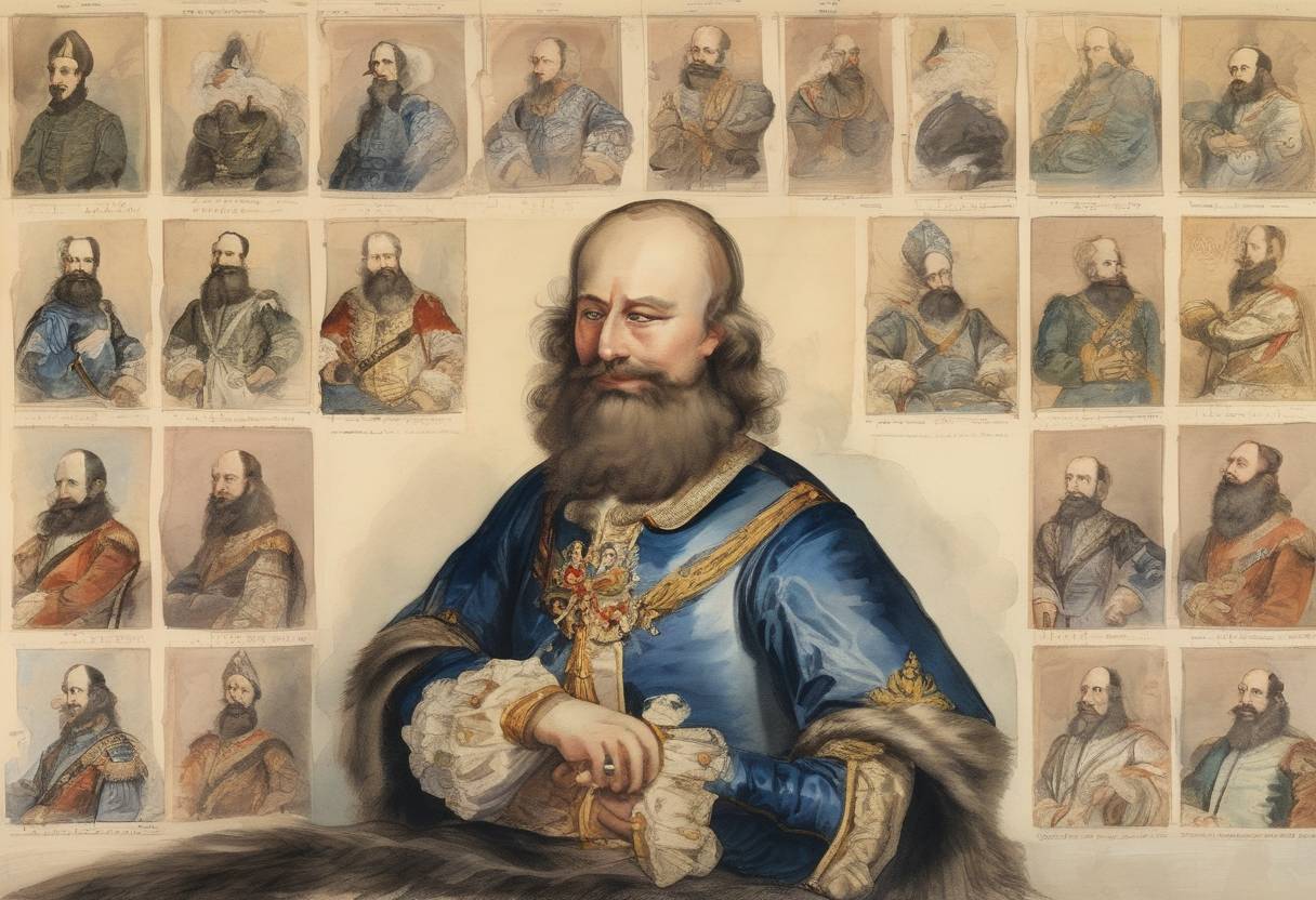 Watercolor painting based depiction of Tsar Peter I of Russia imposed a tax on beards as part of his efforts to modernize Russian society and align it more closely with Western European customs. (1698)