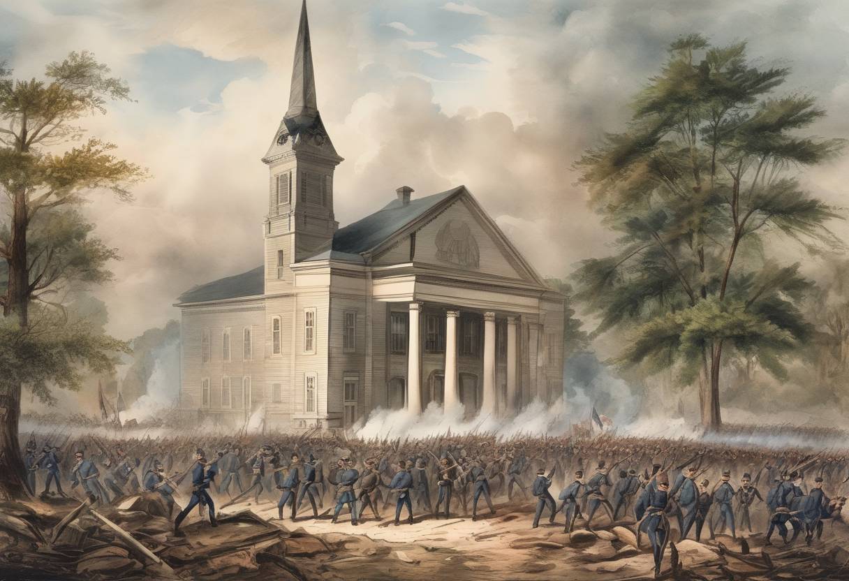 Watercolor painting based depiction of The Battle of Ezra Church took place during the American Civil War, resulting in a Union victory under Major General William T. Sherman. (1864)