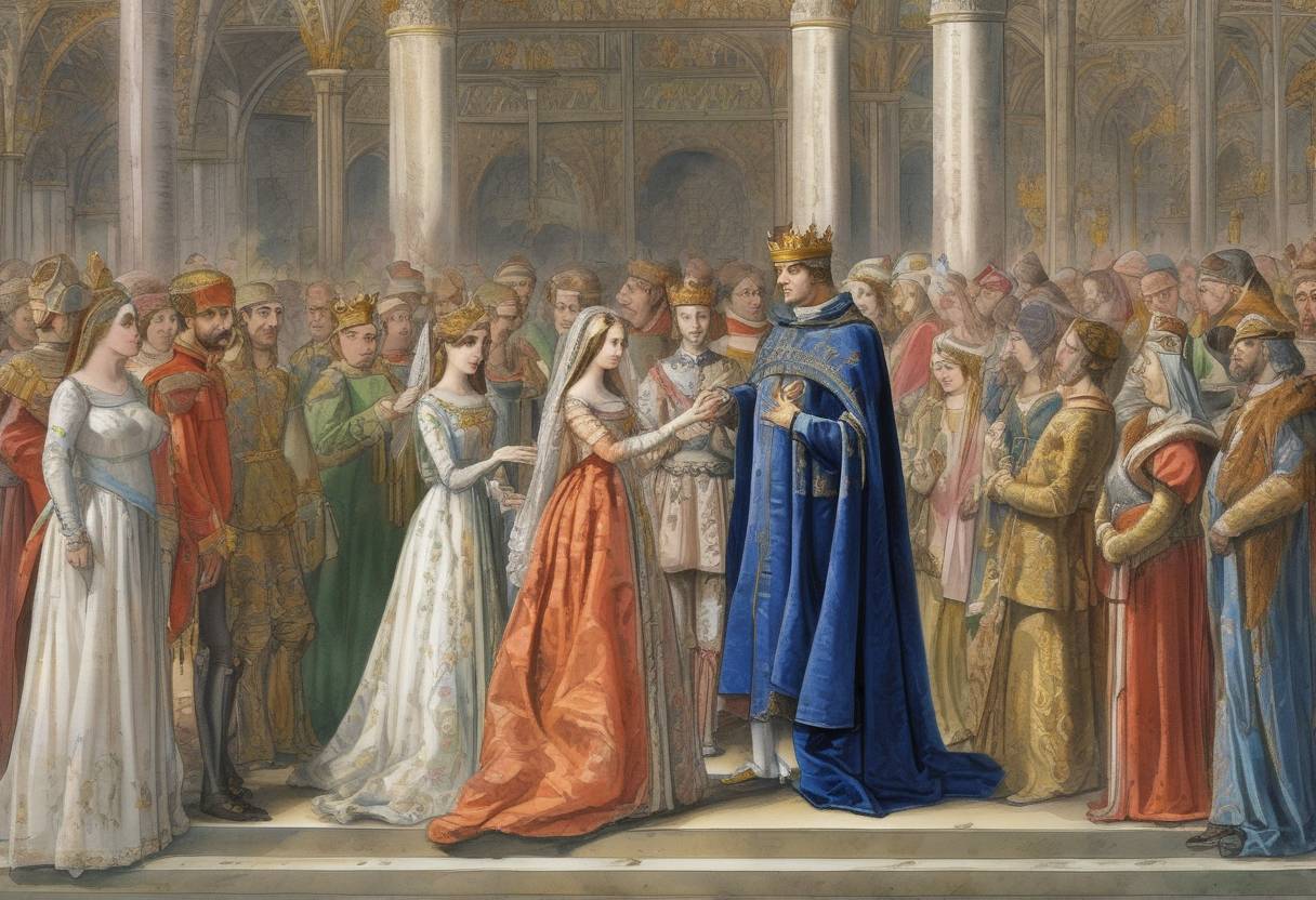 Watercolor painting based depiction of Louis VII of France marries Adela of Champagne, strengthening his political alliances. (1160)