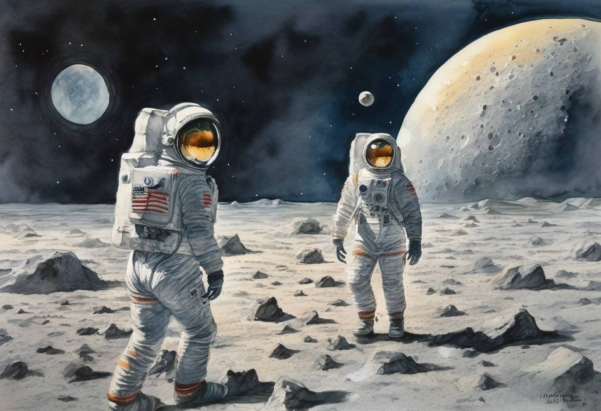 Watercolor painting based depiction of Eugene Cernan and Harrison Schmitt, astronauts of Apollo 17, became the last humans to walk on the Moon. Apollo 17 was the final mission of NASA's Apollo program. (1972)