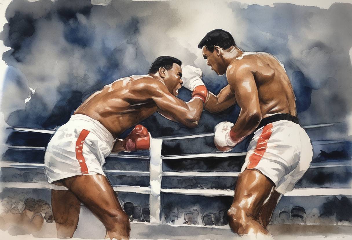 Watercolor painting based depiction of Cassius Clay (later Muhammad Ali) defeated Sonny Liston to win the world heavyweight boxing title, marking the start of his legendary career. (1964)