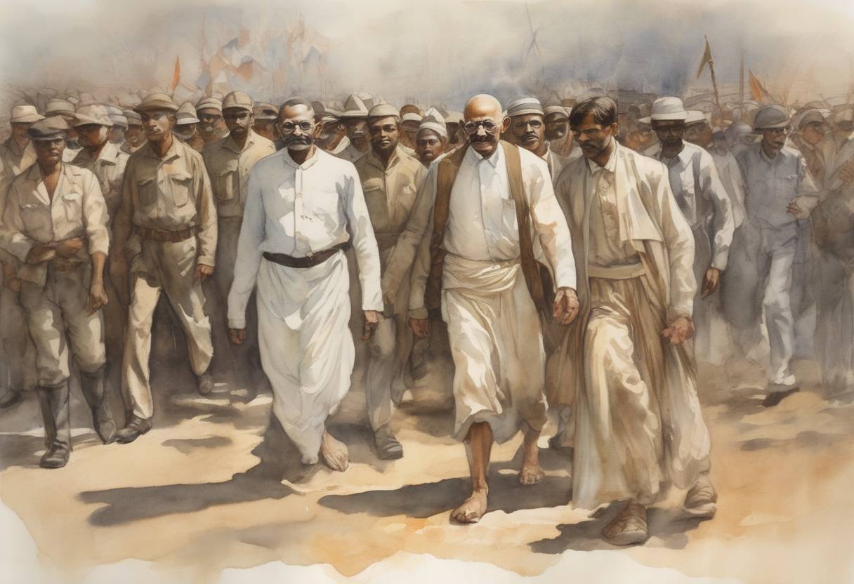 Watercolor painting based depiction of Mahatma Gandhi was arrested while leading a march of Indian miners in South Africa, an event that highlighted his philosophy of nonviolent resistance. (1913)