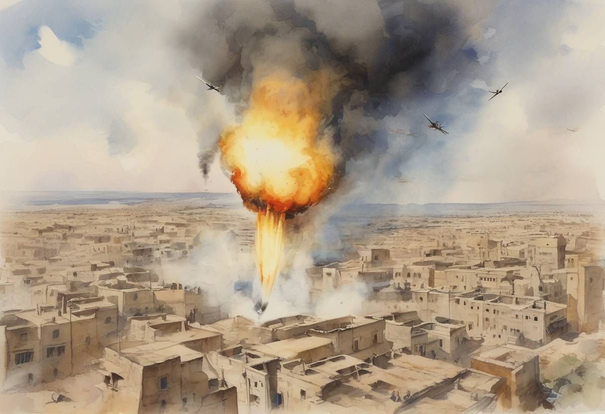 Watercolor painting based depiction of The first dropping of a bomb from an aircraft in combat occurs during the Italo-Turkish War. (1911)