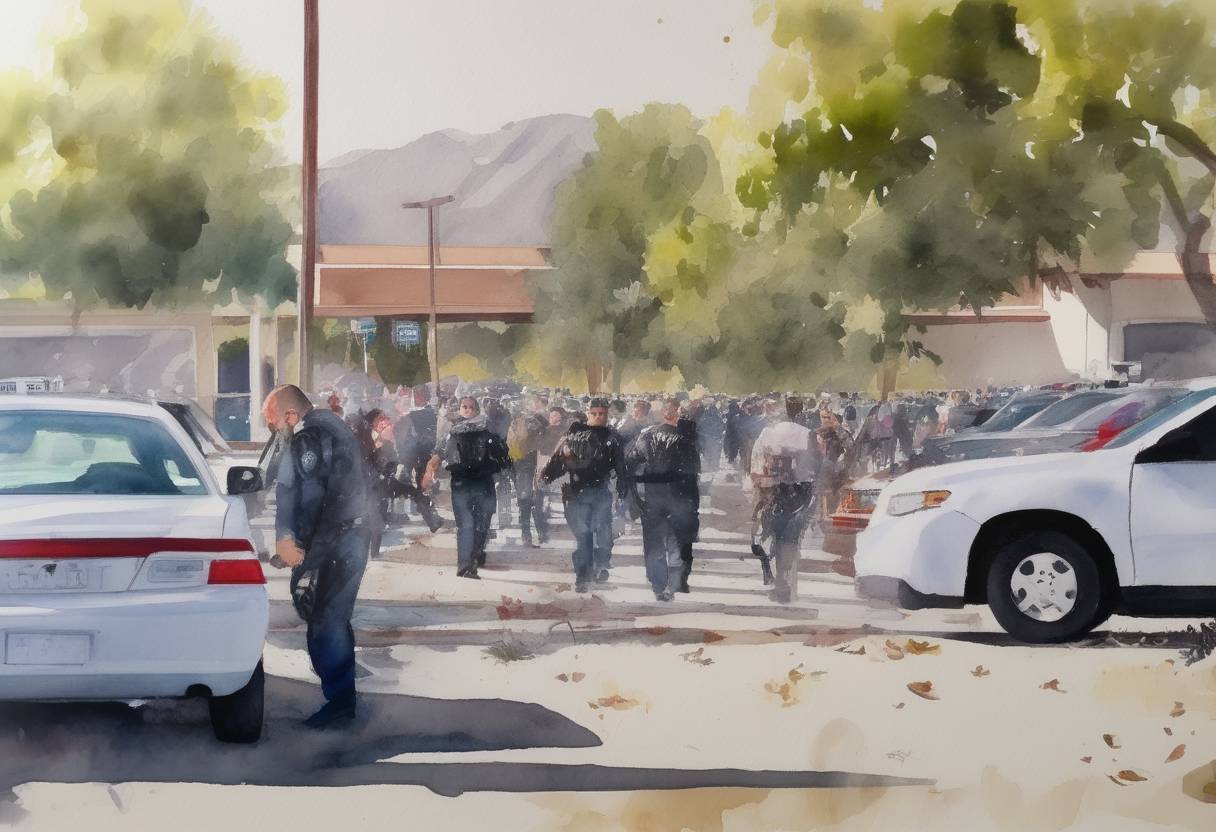 Watercolor painting based depiction of A mass shooting occurred at the Inland Regional Center in San Bernardino, California, resulting in 14 deaths and 22 injuries. The attack was carried out by a married couple, Syed Rizwan Farook and Tashfeen Malik, and was later classified as an act of terrorism. (2015)