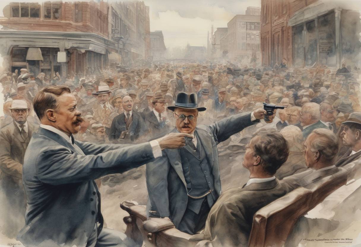 Watercolor painting based depiction of Former U.S. President Theodore Roosevelt was shot in the chest while campaigning in Milwaukee, Wisconsin, but he still delivered his scheduled speech. (1912)
