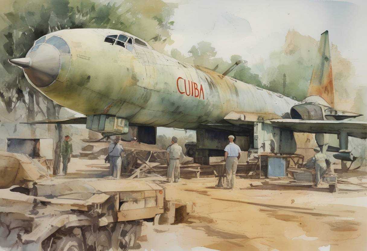 Watercolor painting based depiction of The Cuban Missile Crisis began when a U.S. reconnaissance plane photographed Soviet missile bases under construction in Cuba. (1962)