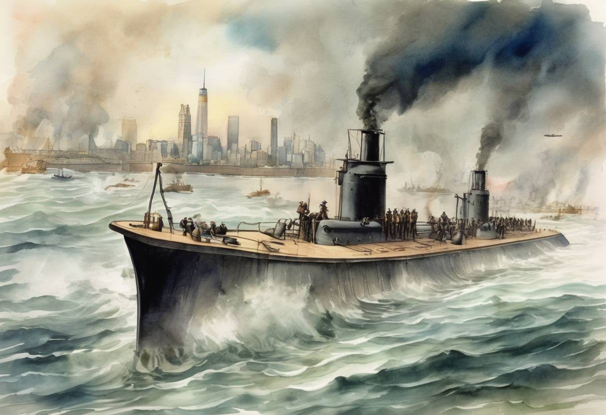 Watercolor painting based depiction of The first submarine attack in history took place during the American Revolutionary War. (1776)