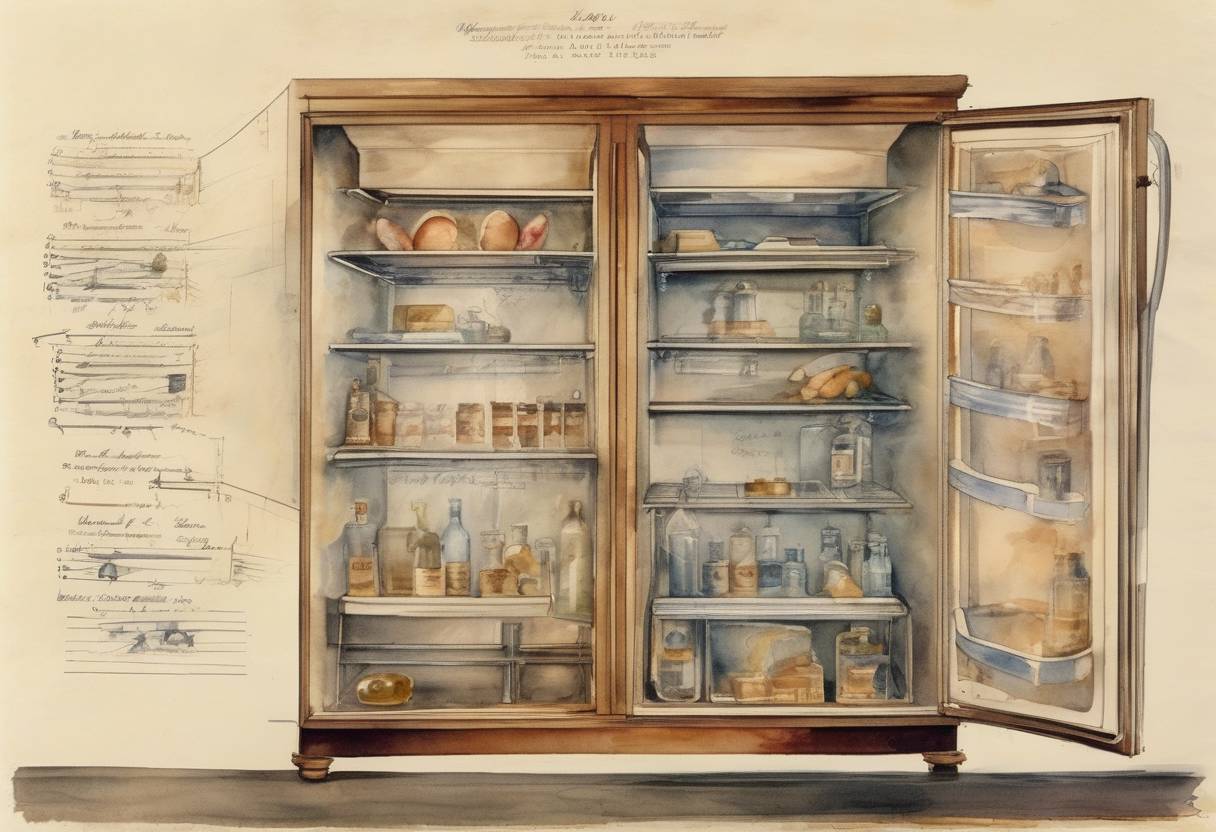 Watercolor painting based depiction of Patent number US1781541 was granted to Albert Einstein and Leó Szilárd for their invention of a refrigerator, showcasing their contributions beyond theoretical physics. (1930)