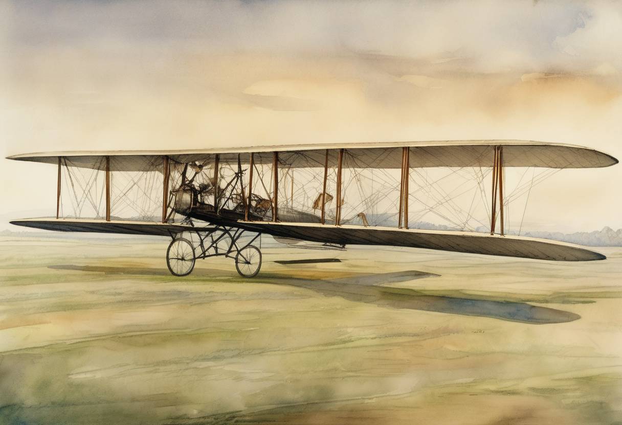 Watercolor painting based depiction of The Wright brothers applied for a patent on their airplane, the Wright Flyer. (1903)