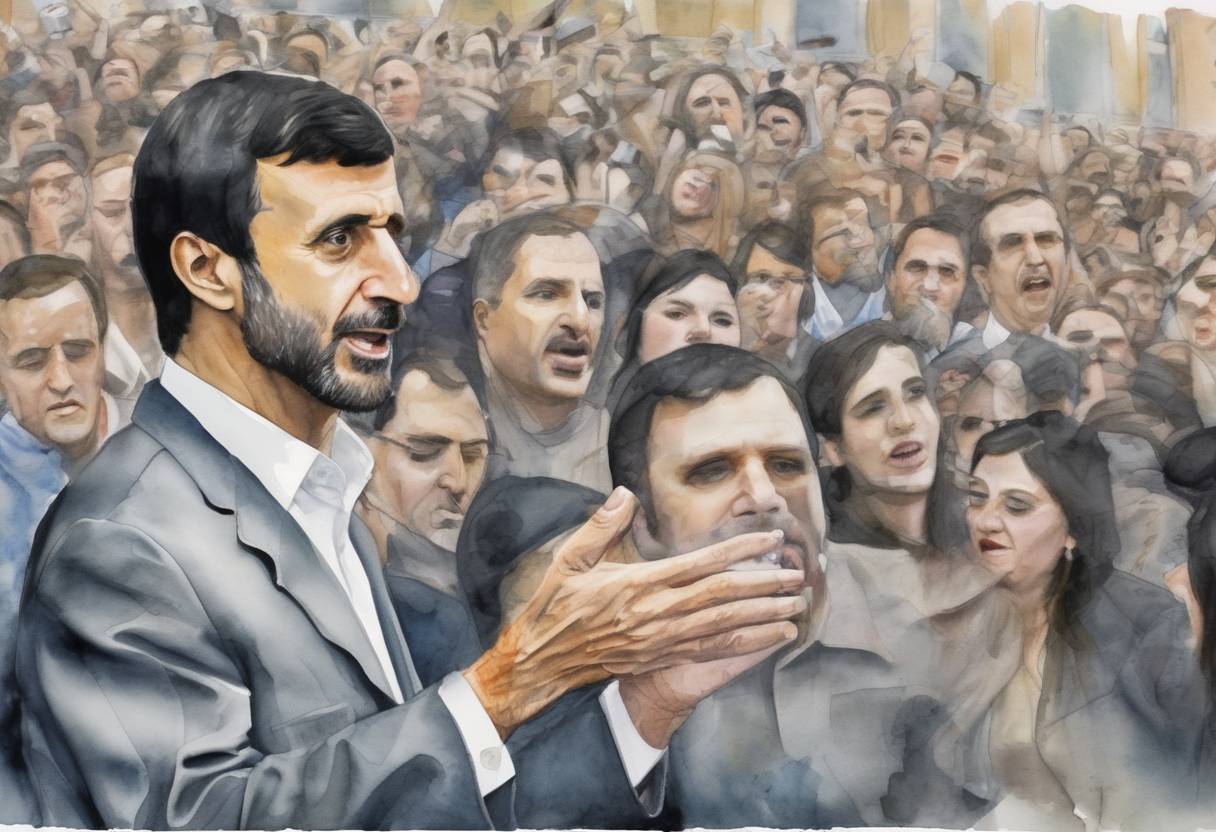 Watercolor painting based depiction of Iranian President Mahmoud Ahmadinejad delivered a controversial speech at Columbia University in New York City, sparking protests and debates over free speech. (2007)
