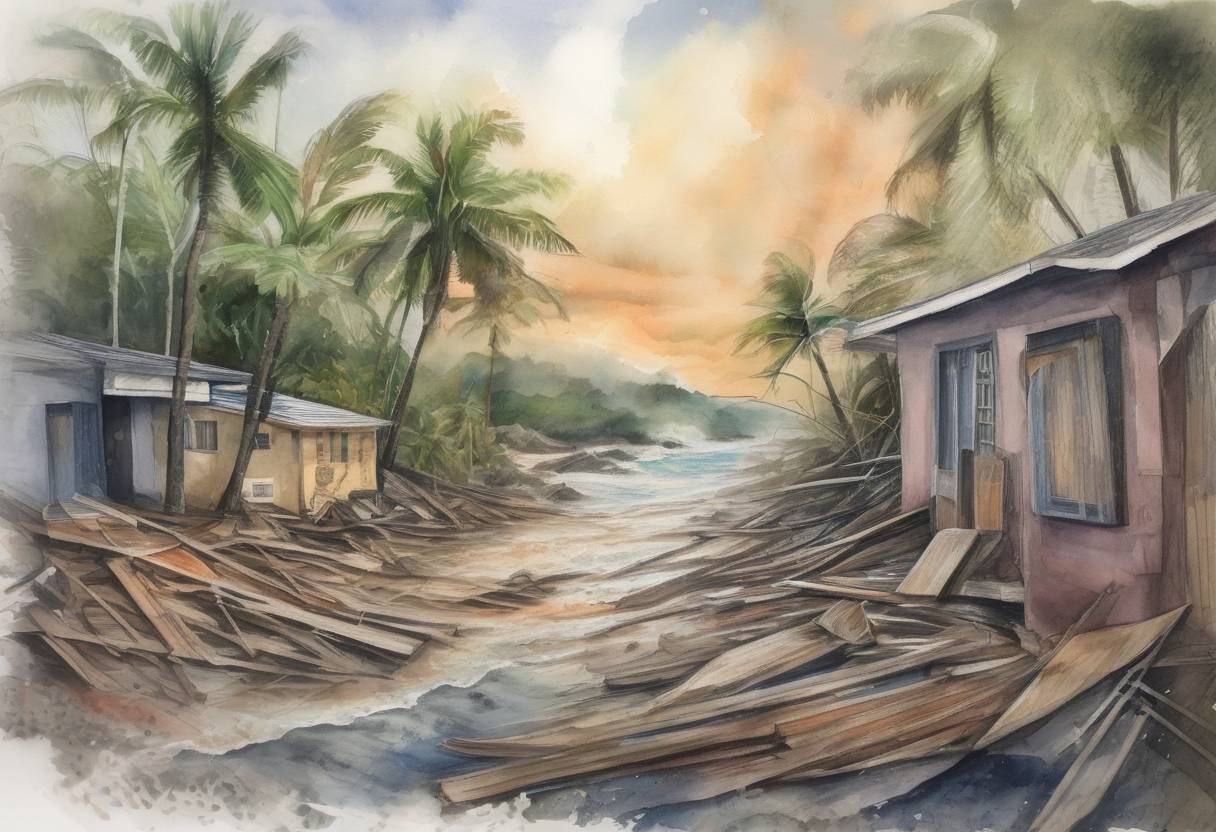 Watercolor painting based depiction of Hurricane Maria made landfall in Puerto Rico as a Category 4 hurricane, causing widespread devastation and a humanitarian crisis. It was one of the deadliest hurricanes to hit the island. (2017)