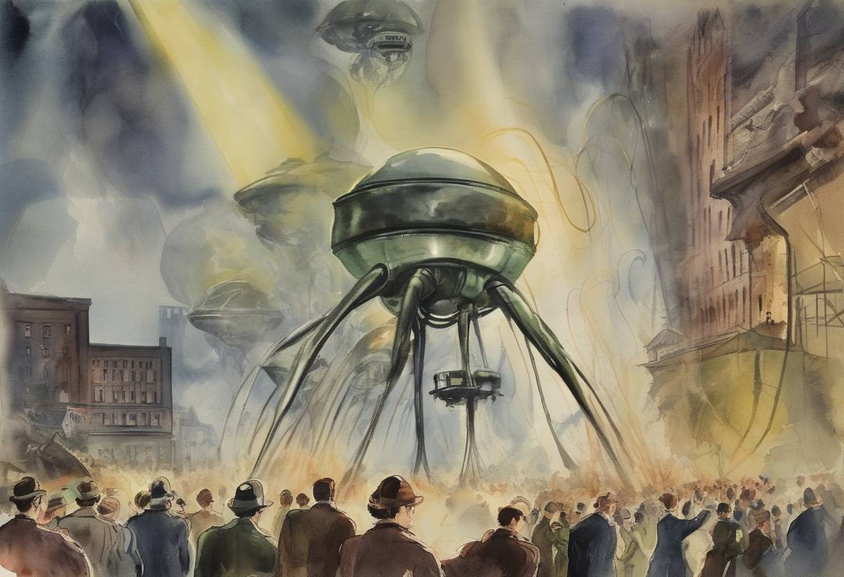 Watercolor painting based depiction of Orson Welles broadcasted his radio adaptation of H.G. Wells' 'The War of the Worlds', causing panic among listeners who believed the fictional story was real. (1938)