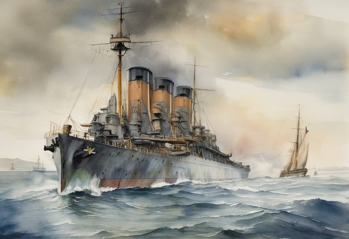 Watercolor painting based depiction of The British battleship HMS Audacious was sunk by a mine off the coast of Ireland during World War I. (1914)
