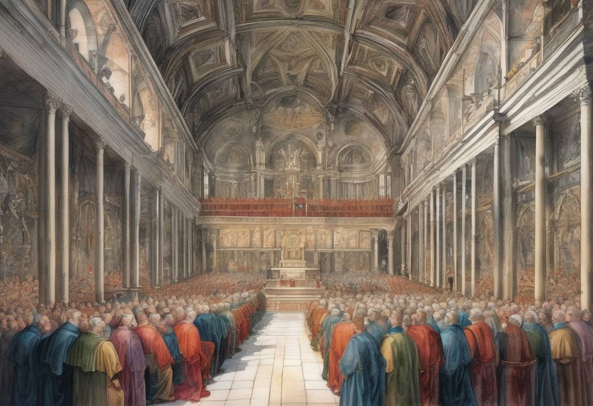 Watercolor painting based depiction of The Council of Trent, a major Roman Catholic ecumenical council, holds its final session. (1563)