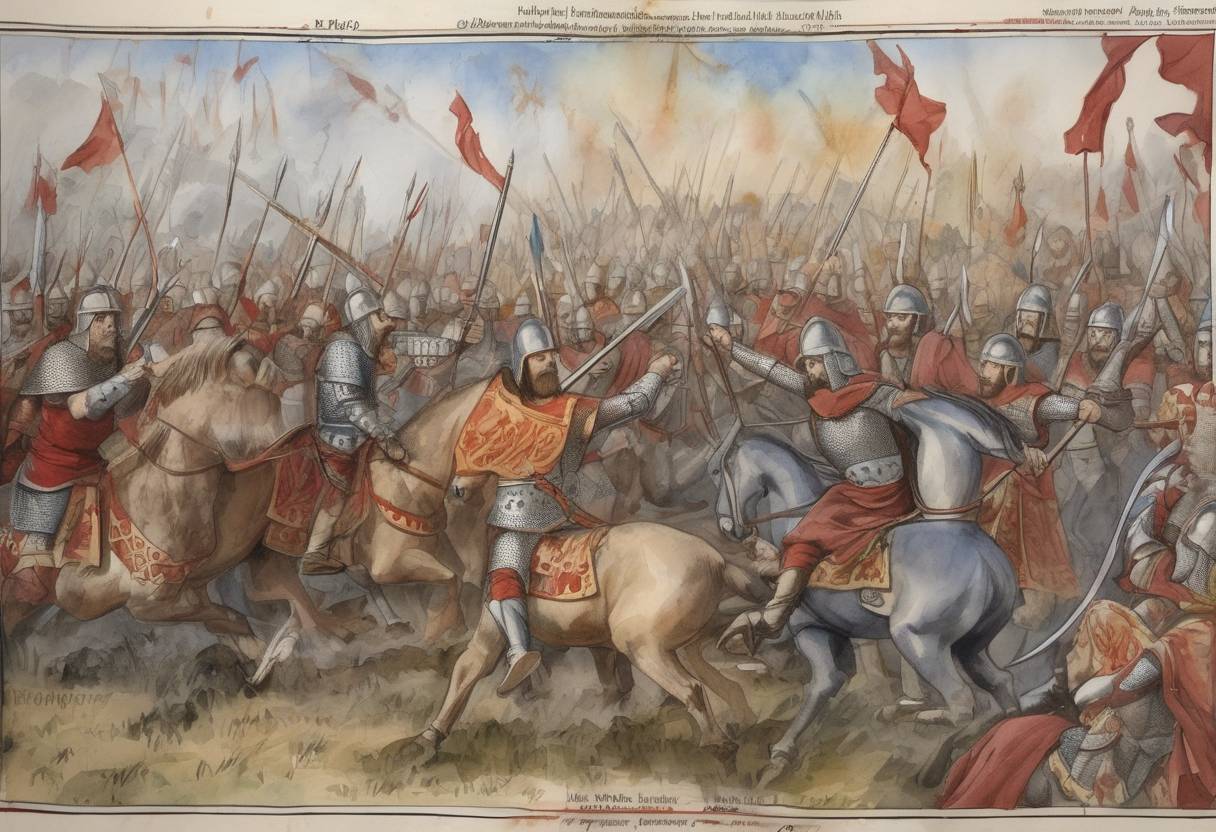 Watercolor painting based depiction of The Battle of Tolbiac took place, where the Franks, led by Clovis I, defeated the Alamanni. This victory was significant as it led to Clovis's conversion to Christianity, a pivotal moment in the Christianization of the Frankish kingdom. (496)