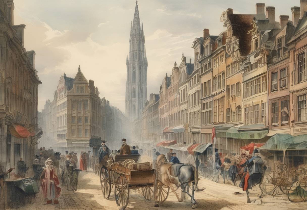 Watercolor painting based depiction of The Kingdom of Belgium was established after the Belgian Revolution, which led to its independence from the Netherlands. (1830)