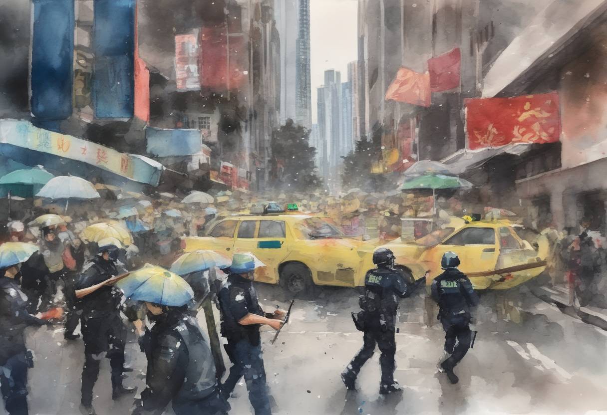 Watercolor painting based depiction of The Hong Kong protests saw a significant escalation as police shot a protester with live ammunition for the first time, amid ongoing demonstrations against the extradition bill and calls for democratic reforms. (2019)