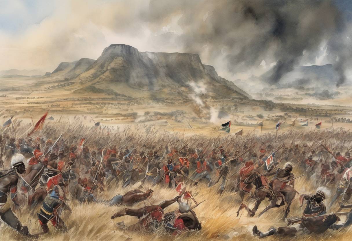 Watercolor painting based depiction of The Battle of Isandlwana takes place during the Anglo-Zulu War, resulting in a decisive Zulu victory over British forces. (1879)