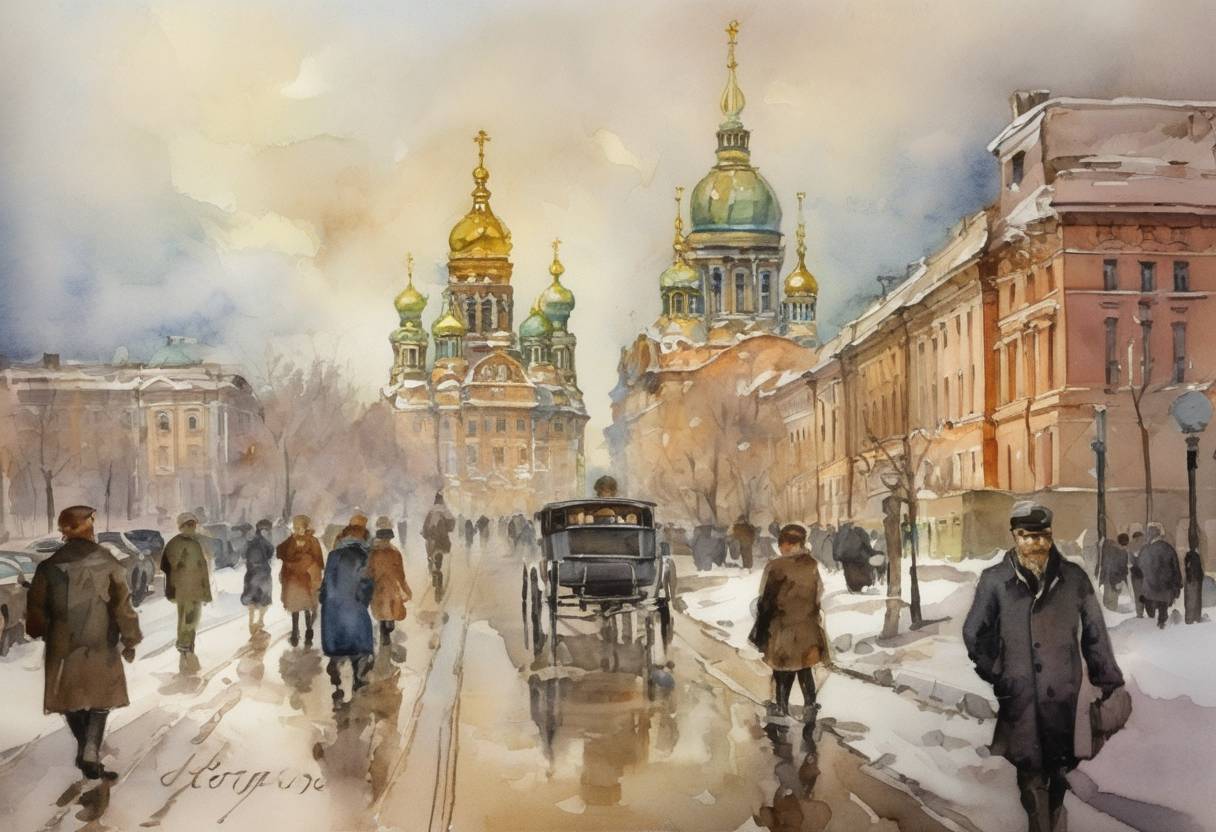 Watercolor painting based depiction of Saint Petersburg, Russia, was renamed Leningrad in honor of the late Soviet leader Vladimir Lenin. (1924)