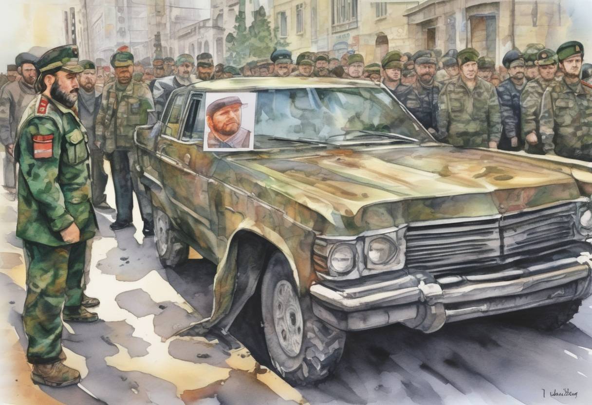Watercolor painting based depiction of Chechen President Akhmad Kadyrov was assassinated in a bomb attack during a World War II memorial parade in Grozny. (2004)